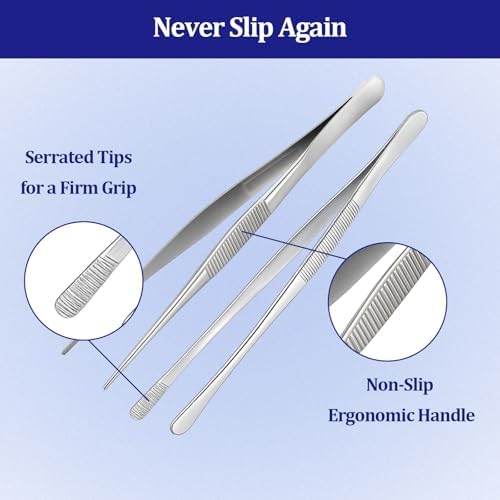 12-inch Stainless Steel Cooking Tongs & Tweezers, Non-Slip Grip & Serrated Tips for Grilling, Baking, Garnishing, BBQ, Kitchen & Craft Use (Straight Tip & Round Tip)