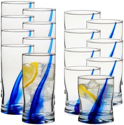 Libbey Blue Ribbon Tumbler & Rocks Drinking Glasses Set of 16, Dimpled Cups