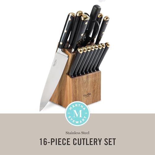 Martha Stewart 16-Piece Lockton High Carbon Stainless Steel Knife Block Set - Forged Full Tang Chef Knives, Acacia Wood Block, Triple Riveted Handles, Black & Gold