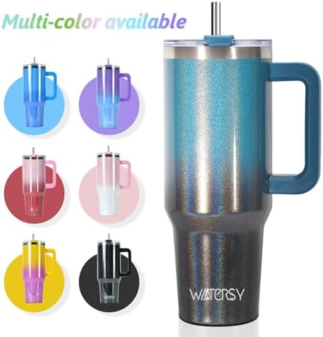 40 oz Shiny Tumbler with Handle and Straw,Stainless Steel Tumbler with Lid and Straw,Insulated Travel Mug(Cold for 34 Hours),Water Bottle for Iced Tea,Coffee (Black Blue)