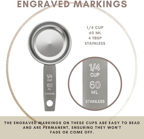 1/4 Cup Stainless Steel Measuring Cup | Sturdy Metal 60 ml | 60 cc | 2 oz | Single Cup for Wet and Dry Ingredients | Great for use as 1/4 Cup Dog Food Scoop - 1 PK