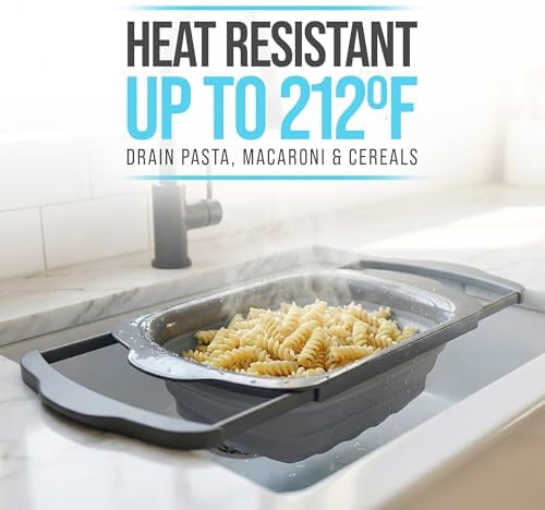 Comfify Gray Collapsible Silicone Over-Sink Colander – 6 Qt – Extendable