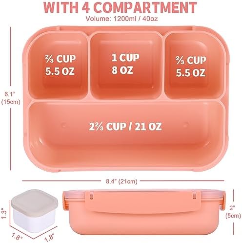 Bento Box Adult Lunch Box, Lunch Containers for Kids Girls Boys with 4 Compartments, Lunchable Food Container with Utensils, Sauce Jar, Muffin Liners, 40 Oz/5 Cup, Microwave & Dishwasher Safe, Pink