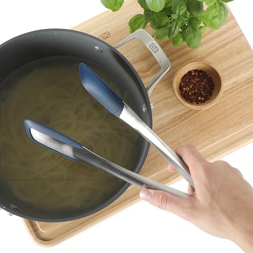 Calphalon Prime 12-Inch Kitchen Tongs, Stainless Steel Grilling Tongs with Navy Silicone Heads, Heat-Resistant Locking Kitchen Tongs with Ergonomic Weighted Handle