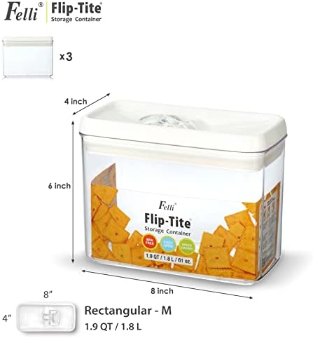 Felli Flip Tite Storage Container with Lid 4” RECTANGULAR Airtight Ring Flip Top, Stackable Kitchen Counter Pantry Organizer Acrylic Canister Jar for Pasta Spaghetti Cereal Granola Coffee (1.9qt)