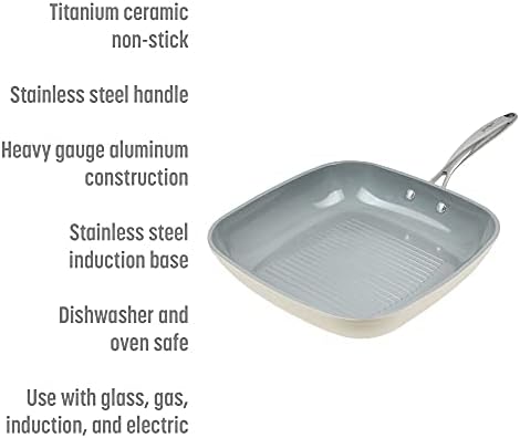 Goodful Ceramic Nonstick 11 Inch Grill Pan, Dishwasher Safe Pots and Pans, Comfort Grip Stainless Steel Handle, Made without PFOA, Griddle, Cream