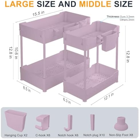 Sevenblue 2-Pack Under Sink Organizer with Hooks & Hanging Cup for Kitchen