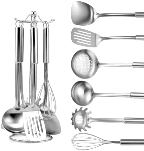 Stainless Steel Kitchen Cooking Utensils Set of 7 - Kitchen Utensils with Hanging Rack, Spatula, Slotted Turner, Soup Ladle, Slotted Spoon, Whisk, Pasta Server, Holder, Dishwasher Safe