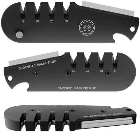 Off-Grid Knives - QuadEdge Knife Sharpener with 4 Angles: 17° | 20° | 25° | 30°, Diamond Rod, Fishing Hook Sharpener, Ceramic Honing Stone – Camping, Fishing, Hunting, Boating (Black)