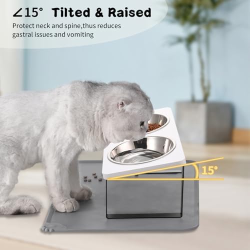 Summark Upgraded Elevated Cat Bowls with Food Mat,15°Tilted Stand Anti Vomiting Raised Cat Dishes for Food and Water,2 Stainless Steel Bowls for Cats and Puppy（White）