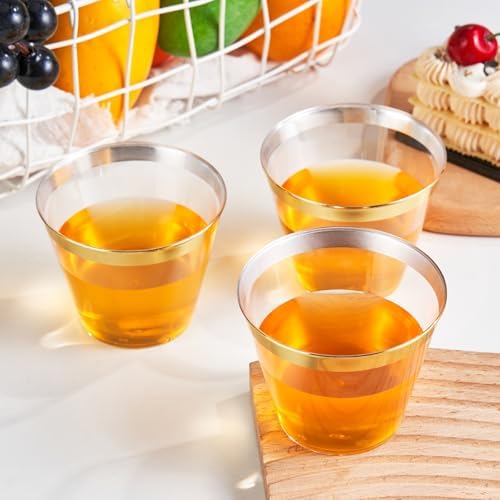 RACETOP 9 oz Disposable Plastic Cups with Gold Rim 200 Pack