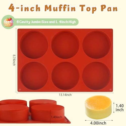 4Inch Round Silicone Mold for Baking, 2Pcs Silicone Muffin Top Pans for Baking Muffin Top, Whoopie Pie, Sandwiches, Hamburger (2Pcs(1.4Inch Deep))