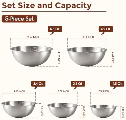 Gronivex Stainless Steel Mixing Bowls Set, 5-Piece (1.5-5.3 Qt)