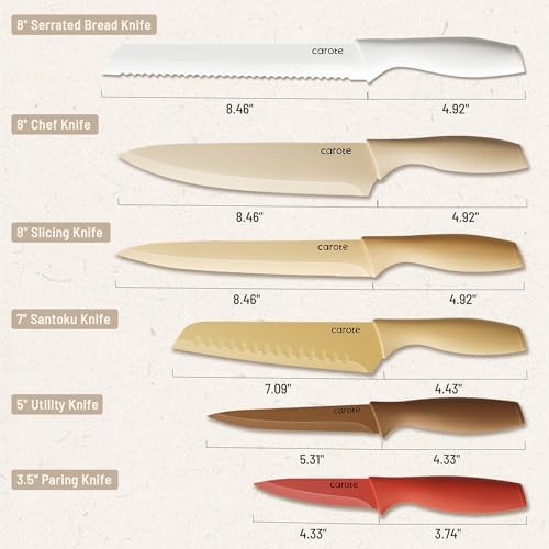 CAROTE Kitchen Knife Set, 6 Color-Coded Knives and 6 Blade Guards, 12-Piece