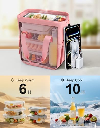 ISEYOU Large Lunch Bag for Men & Women, 20L Insulated Cooler Bag with Wide Opening, Leak-Proof & Multi-Pocket Leather Lunch Box, Adjustable Strap Lunch Tote Bags for Work, Office, Picnic and Camping