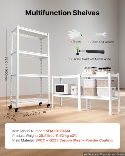 VEVOR Storage Shelves, 4-Tier Garage Shelving with Wheels 30 x 12 x 63 in
