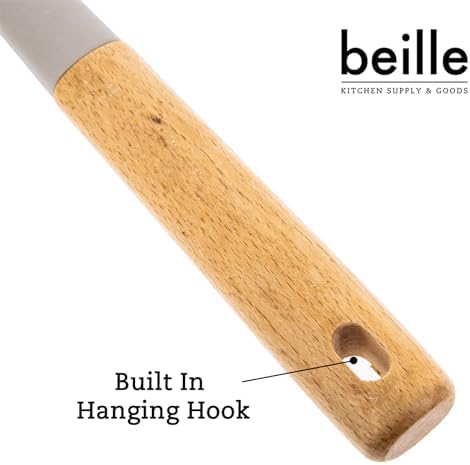 Beille 1pc Beech Wood and Slotted Silicone Cooking Spoon Kitchen Utensils Baking Supplies Home Essentials, Light Grey