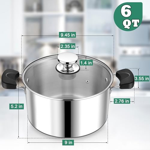P&P CHEF 6 Qt Pot with Lid, Transparent Glass, Tri-ply Stainless Steel