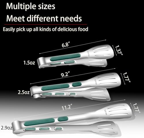 Stainless Steel Kitchen Tong Set - Anti-Slip Heat-Resistant Grip, Widened 3-Line Slotted Heads for Easy Clamping (Steaks, BBQ, Pasta, Salads), Easy Clean for Versatile Use Set of 3-6" 9" 11", Green