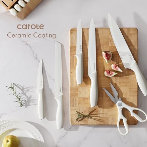 CAROTE 15-Piece Knife Set, Wood Block with Built-In Sharpener, Cream