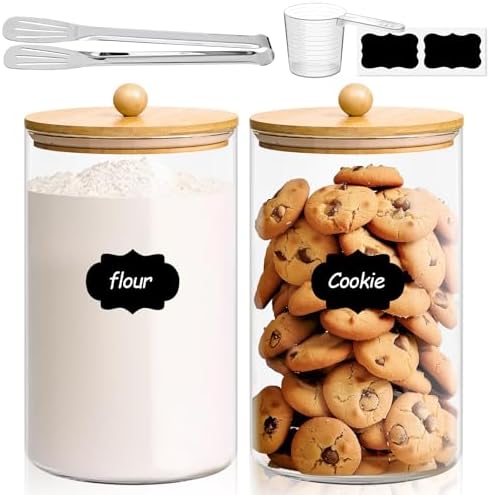 ComSaf Glass Storage Jars with Bamboo Lids 3.9 Qt 2 Pack Large Pantry Round