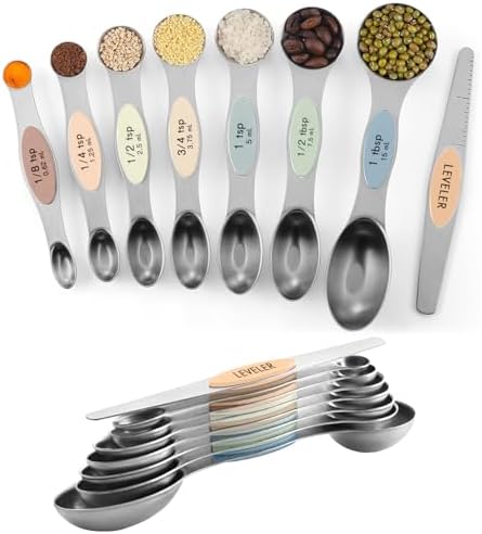 ChefAide Set of 8 Magnetic Measuring Spoons, Stainless Steel, Dual Sided