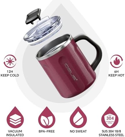 Ideus 16 oz Insulated Coffee Mug with Lid and Handle (Burgundy, FUJI FLOW)
