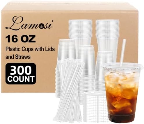 Lamosi 300 Pack 16 oz Plastic Coffee Cups with Lids, Disposable Clear Cups