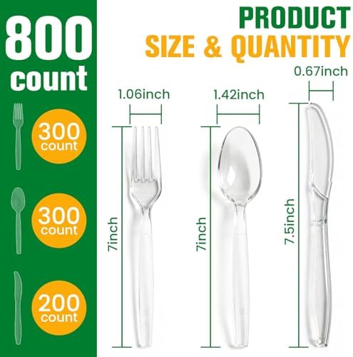 800 Count Plastic Silverware Heavy Duty, 300 Forks, 300 Spoons, 200 Knives