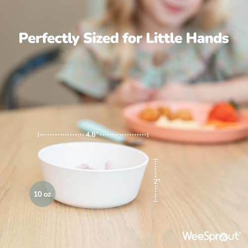 WeeSprout Bamboo Kids Bowls, Set of Four 10 oz Kid-Sized Bamboo Bowls, Dishwasher Safe Kid Bowls (Pastel Coral, Blue, Mint & Off White)