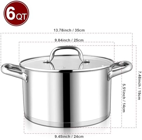 LIANYU 6 QT Stainless Steel Stock Pot, Tri-Ply Base Cooking Soup Pot