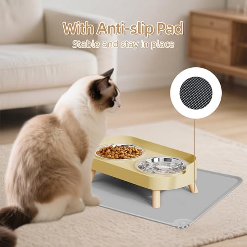 Elevated Cat Bowl with Food Mat, Raised Cat Food and Water Bowl Set for Indoor Cats, Splash Proof with 2 Stainless Steel Pet Food Bowls for Cat and Puppies,Whisker Fatigue and Dishwasher Safe (Yellow)