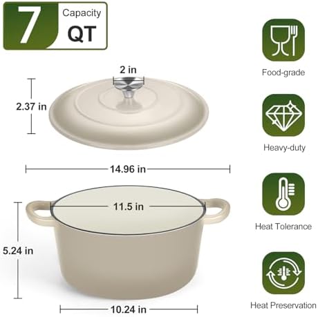P&P CHEF 7QT Enameled Dutch Oven, Dutch Oven Pot for Bread Baking, Khaki