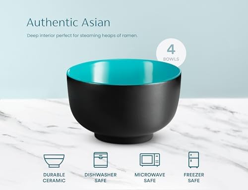 KooK Ramen Bowl, Japanese Bowls, Noodle Bowls, Large Soup Bowl, Ceramic, Large Capacity, For Ramen, Pho, Udon, Soba, Microwave and Dishwasher Safe, 34 oz, Set of 4 (Black/Teal)