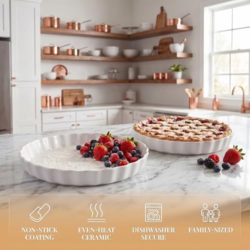 Quiche Baking Dish, Ceramic Quiche Pan, 10 inch Large Round Tart Pan Set of 2, Porcelain Pie Pan Oven Safe, Wave White Baking Dishes for Dessert, Cheesecake, Souffles, Dishwasher Safe, 43 Oz