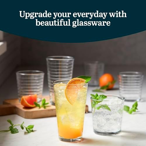 Libbey Hoops Tumbler and Rock Glass Set, Two Sized Nostalgic Retro Glass Cups Set, Dishwasher Safe Glasses Drinking Set of 16 for Any Occasion