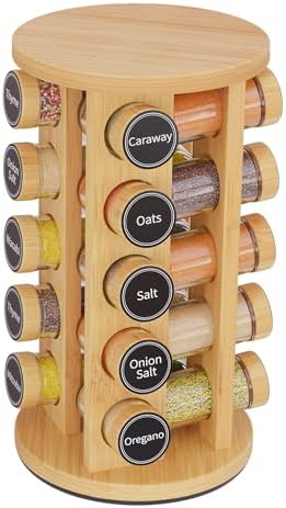New England Stories Revolving Spice Rack Set with 20 Spice Jars, Kitchen Spice Tower Organizer for Countertop or Cabinet - Carousel Storage Includes 386 Spice Labels (Bamboo)