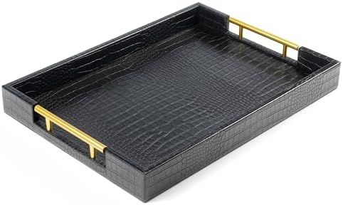 ATZYmolin 17"x12" Leather Serving Tray, Gold Handle Vanity Platter, Black