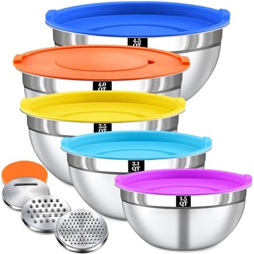 8PCS Mixing Bowls with Lids Set - 5 Nesting Mixing Bowls, 3 Grater Attachments, Lids, Stainless Steel Mixing Bowls for Mixing & Serving, Size 1.5/2.1/3.5/4/4.5 QT, Colorful