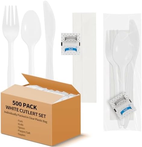 500 Pack Knife Fork Spoon Napkin Salt Pepper Sets, Individually Wrapped White Plastic Cutlery Packets for Delivery, Cafeterias, Restaurants