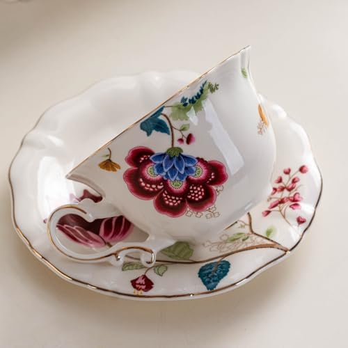 Ceramic Tea Cups Coffee Cup and Saucers Set of 4 (Blue and Red)