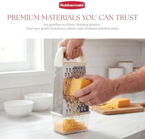 Rubbermaid EZ Grip Box Grater, Stainless Steel Cheese Grater & Container - BPA Free Multi-Surface Cheese Shredder & Food Grater Coconut Milk | Graters for Kitchen -Non-Slip Base, Dishwasher Safe