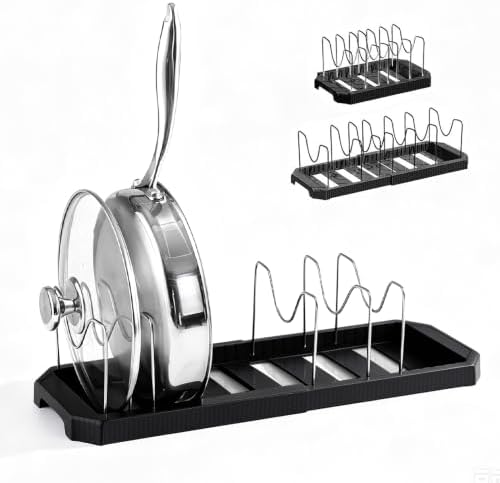 2 Pack Pots and Pans Organizer under Cabinet, Expandable Food Storage Container Lid Organizer with 7 Adjustable Stainless Steel Dividers, ABS Base, Countertop Rack, Black