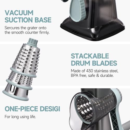 Rotary Cheese Grater with Handle Kitchen Shredder Slicer Grater Slicer Ice Shaver Cheese Vegetable Nuts Potato Zucchini Chocolate 3 Interchangeable Blades (GreyBlue