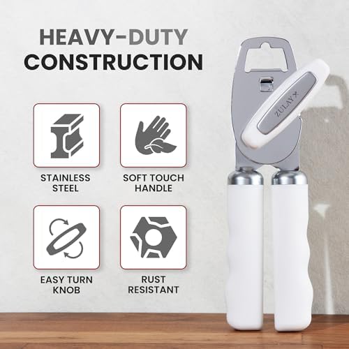 Zulay Kitchen Manual Can Opener Heavy Duty Patented Stainless Steel, White
