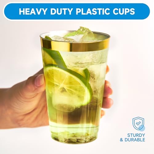RACETOP 14 oz Disposable Plastic Cups with Gold Rim, 100 Pack