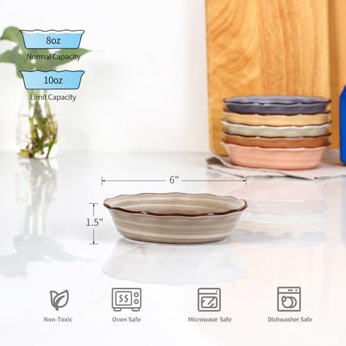 Selamica Ceramic Mini Pie Pans Set of 6, 6 Inch Pie Dish for Baking, Small Pie Plate with Fluted Edge for Apple, Quiche, Pot Pies, Microwave & Oven Safe, Maillard