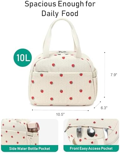Lunch Box Lunch Bag Insulated Lunchbox Cute Reusable Lunch Tote bags for School Work Picnic for Kids Girls Women (Beige Strawberry)