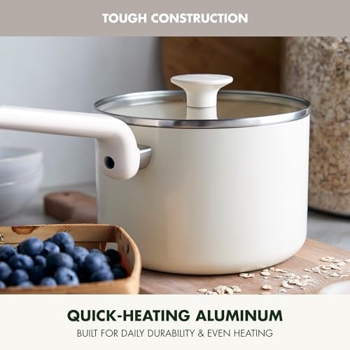 GreenPan Rio Advanced 2QT Saucepan with Lid, Ceramic Nonstick PFAS-Free Pans, Induction Ready, Dishwasher and Oven Safe, Cream White
