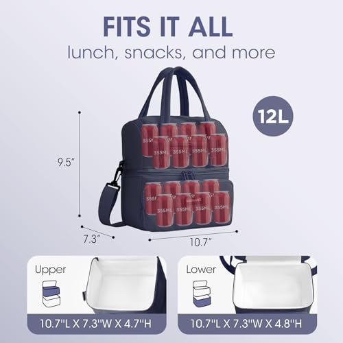 Double Decker Lunch Bag Women Men With Cup Holder, Navy Blue